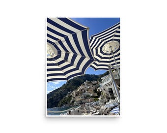 Positano Beach Print: Amalfi Coast Striped Umbrellas, Italian Summer