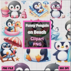 Funny Penguin on Beach Clipart PNG – Cute Summer Digital Illustration for Crafts, Cards & DIY Projects