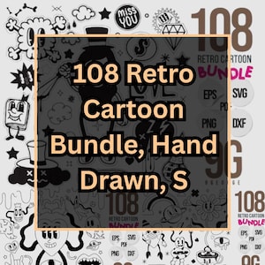 108 Retro Cartoon Bundle | Hand Drawn Vintage Clipart | Nostalgic 90s Stickers | Printable Sublimation PNGs | Cute Kawaii Anime Graphics