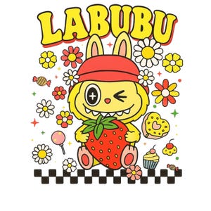 Labubu Met Aardbei | T-shirtontwerp | Kawaii cartoonstijl | Handgetekende kunst | Grappig | Pastelkleuren | Afdrukbare digitale download van png-jpg