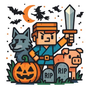Minecraft-Inspired Halloween Pixel Art | Sword-Wielding Hero with Wolf | Pig|  Pumpkin and Graveyard | Digital Download for Kids Room Decor