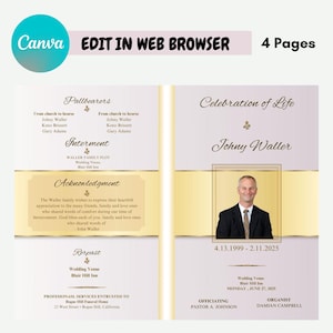 Sjabloon voor witgoud begrafenisprogramma 4 pagina's | Bewerkbare brochure herdenkingsdienst