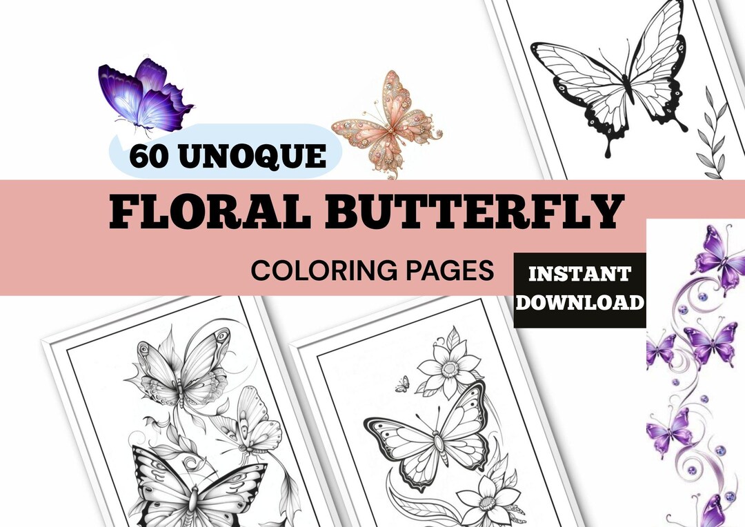 Floral Butterfly Coloring Pages: Grayscale Art for Adults & Kids (PDF ...