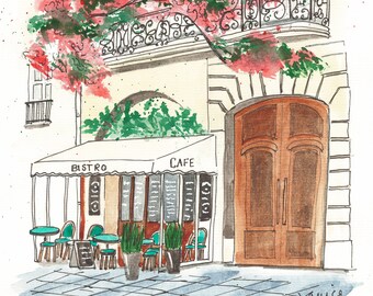 Number 31 of 100: Original Painting of a storefront in Paris, Cherry Blossom Cafe, shopfront painting, city architecture, french gifts