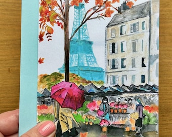 Paris Autumn Note Card: Eiffel Tower Art, Blank Greeting Card