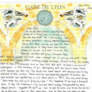 CARTAS DE PARIS por Janice MacLeod, Estações de trem de Paris:, carta de junho sobre viagens e trens, apresentando uma estação de trem de Paris
