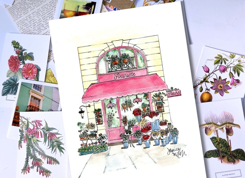 Number 24 of 100: Original Painting of a Flower Shop in Paris, gift for Francophiles, Paris, gardeners, storefronts, watercolor art image 3