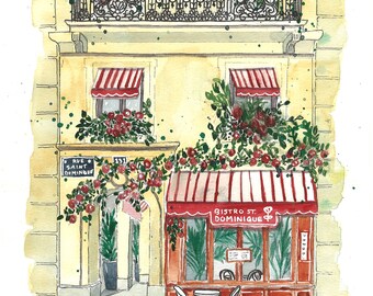 Pack 15 of 100: Original Painting of St Dominique Bistro in Paris, gift for traveler, gift for Francophile, gift for foodies, watercolor