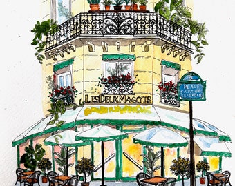 Number 28 of 100: Original Painting of a Les Deux Magots in Paris, gift for Francophiles, storefronts, watercolor, city architecture, cafes