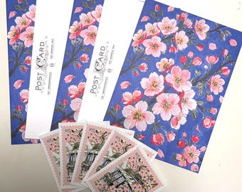 Set of 5 Art Postcards With 5 Stickers – Cherry Blossom Collection