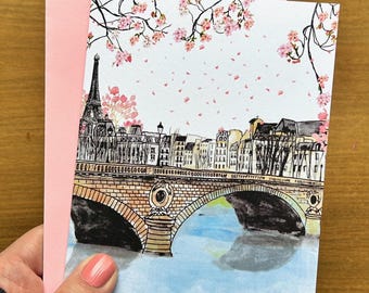 Paris Note Card: Eiffel Tower & Cherry Blossoms - Blank Greeting Card