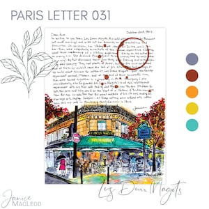 CARTAS DE PARIS de Janice MacLeod, Les Deux Magots, outubro, Sobre Simone de Beauvoir e seu ritual de encontrar Jean-Paul Sartre para tomar um café