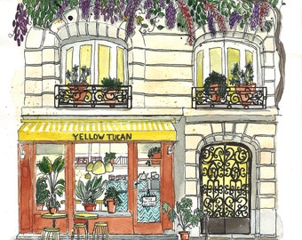 Number 18 of 100: Original Painting of Yellow Tucan Café in Paris, gift for travelers, Francophiles, Paris, coffee and yellow lovers