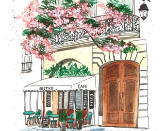 Nummer 31 von 100: Originalgemälde einer Ladenfront in Paris, Kirschblütencafé, Ladenfrontgemälde, Stadtarchitektur, französische Geschenke