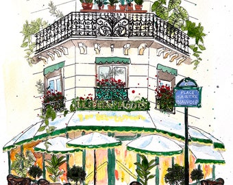 Numéro 26 sur 100 : peinture originale des Deux Magots à Paris, cadeau pour francophiles, devantures de magasins, aquarelle, architecture urbaine, cafés