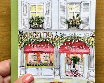 Paris Angelina Cafe Note Card: Blank Greeting Card with Green Envelope