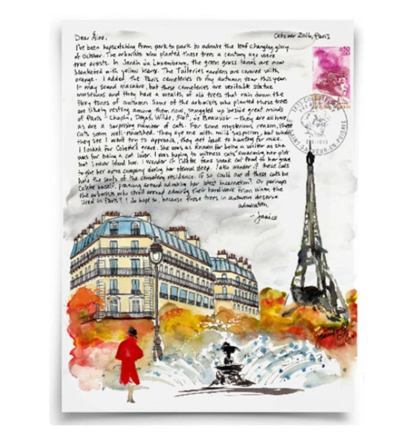 Paris Letter featuring Haussman building, the Eiffel Tower, and a story about the author Colette.