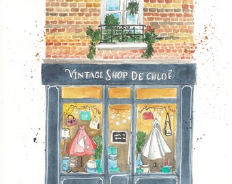 Number 30 of 100: Original Painting of a storefront in Paris, Vintage Shop de Chloe, shopfront painting, city architecture, cafes,