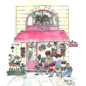 Number 24 of 100: Original Painting of a Flower Shop in Paris, gift for Francophiles, Paris, gardeners, storefronts, watercolor art image 1