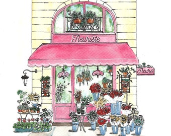 Number 24 of 100: Original Painting of a Flower Shop in Paris, gift for Francophiles, Paris, gardeners, storefronts, watercolor art