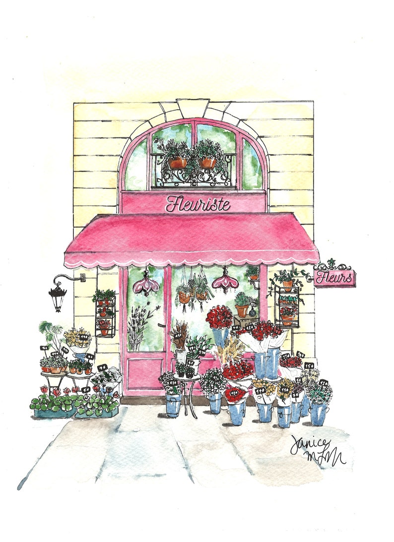 Number 24 of 100: Original Painting of a Flower Shop in Paris, gift for Francophiles, Paris, gardeners, storefronts, watercolor art image 1