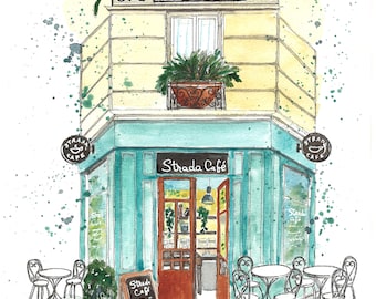 Number 14 of 100: Original Painting of Strada Café coffee shop in Paris, gift for traveler, gift for Francophile, gift for coffee lovers