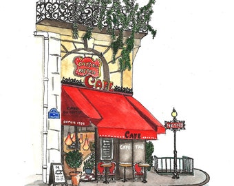 Number 22 of 100: Original Painting of an Cafe du Metro in Paris, gift for Francophiles, Paris, coffee lovers, storefronts, watercolor art