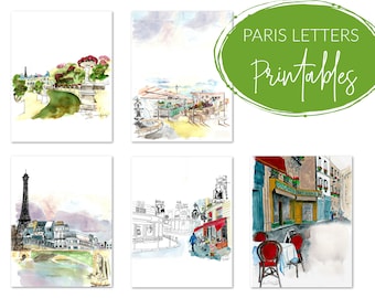 Letter writing kit: Print your own stationery with Paris watercolor art, make art prints, digital downloads, printables