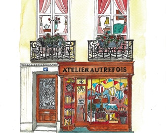 Number 21 of 100: Original Painting of an antiques and curiosities shop in Paris, gift for Francophiles, Paris lovers, antiques storefronts