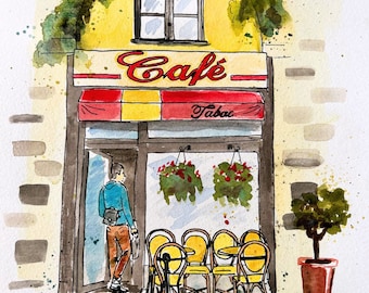 Number 3 of 100: Original Painting of a Yellow Cafe in Paris by Janice MacLeod, Paris art