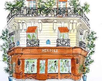 Number 25 of 100: Original Painting of a Hermes in Paris, gift for Francophiles, Paris, fashion, storefronts, watercolor, city architecture