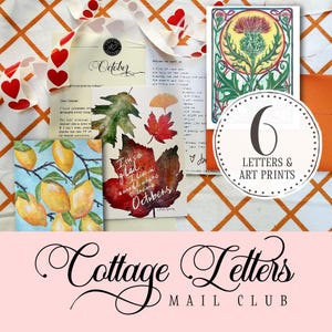 May include: A collection of art prints and letters from the Cottage Letters Mail Club. The image features watercolor illustrations of lemons, leaves, and a thistle, along with the text "I'm so glad I live in a world where there are Octobers."
