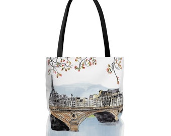 Paris Bridge Tote Bag, Illustrated Tote Bag, Tote, Canvas tote bag, Cute tote bag, Grocery bag, Canvas bag