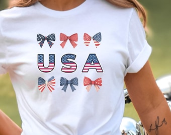 Patriotic Shirt American Flag Bows Shirt July 4th Shirt USA Bow Shirt Patriotic Gift Coquette USA Bow Tshirt USA T-shirt Women's Gift