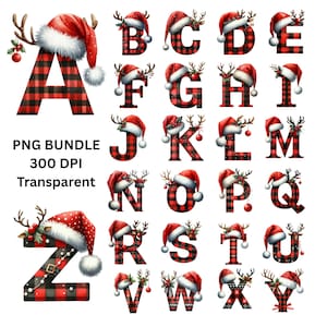 以下が含まれることがあります： 赤と黒のチェック柄でデザインされ、サンタ帽とトナカイの角で飾られたアルファベット文字のコレクション。文字は、300 DPIで背景が透明なPNGバンドルの一部です。