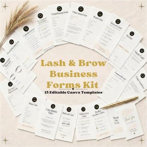 May include: A collection of white business forms for lash and brow services, arranged in a circular pattern. The forms include consultation, client intake, and invoice templates. The text "Lash & Brow Business Forms Kit" is displayed in gold. A gold pen is also included.