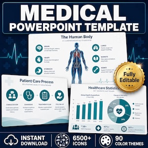 Puede incluir: Una plantilla de PowerPoint médica con un fondo azul oscuro. La plantilla incluye infografías sobre el cuerpo humano, la atención al paciente y estadísticas de salud. El texto incluye "Descarga instantánea", "6500+ iconos" y "90 temas de color".