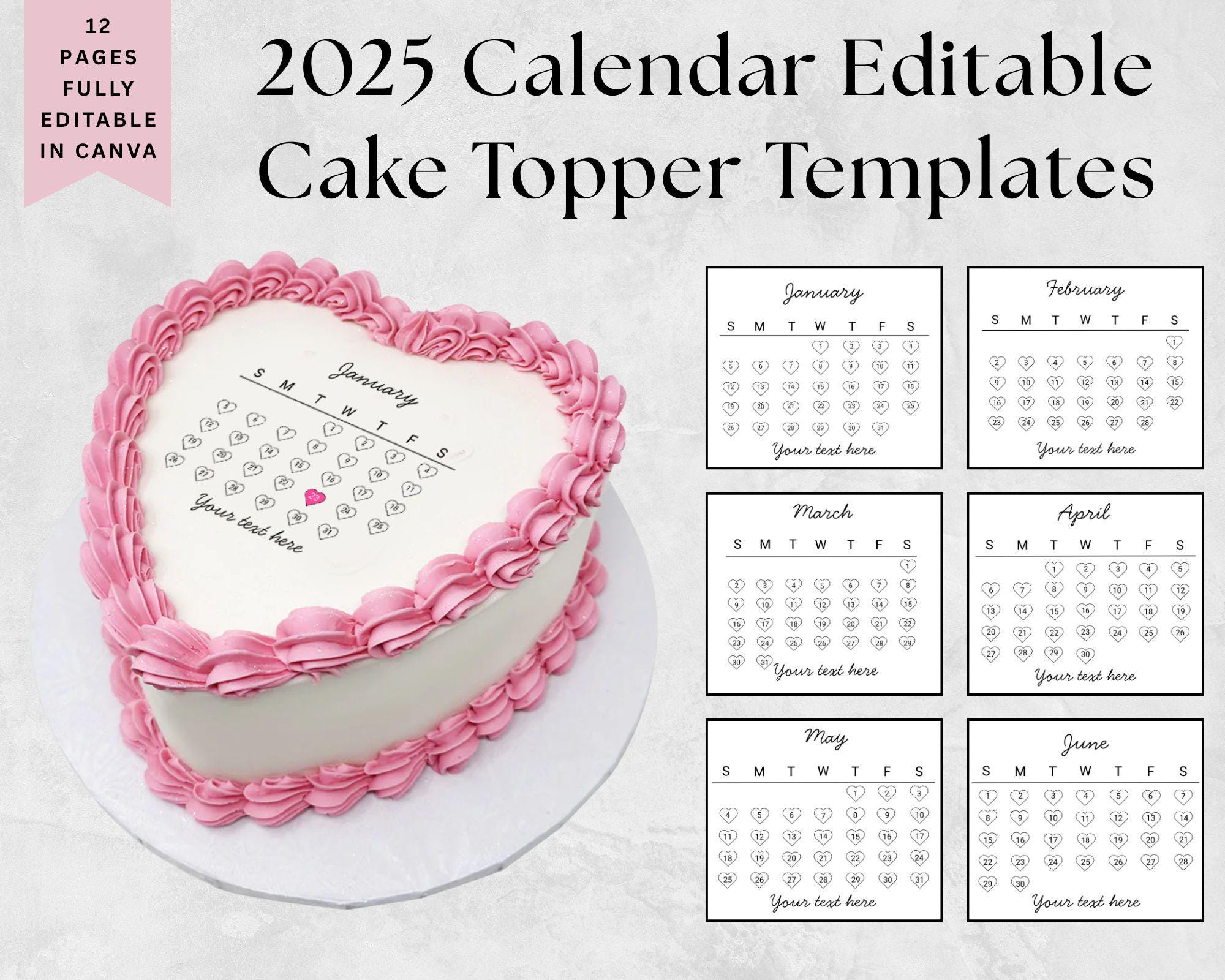 Heart Cake Toppers 2025 Calendar, Burn Away Cake Topper Calendar Template, Sugar Frosting, Wafer Paper, Cake Topper, Editable Canva Template
