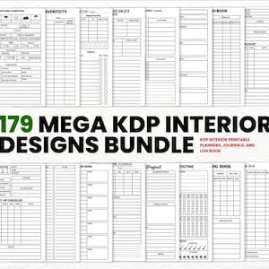 Può includere: Una collezione di 179 modelli di interni stampabili per planner, diari e libri di registro. I modelli presentano vari layout e sezioni, tra cui condizioni meteorologiche, inventario, budget, libro di registro, checklist di configurazione, diario, progetto, schema e libro di registro DG.