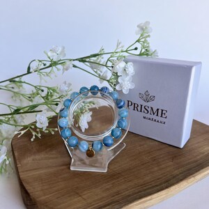 Pulseira de ágata azul 10mm – Joias artesanais com pedras naturais – Pulseira artesanal de aço inoxidável – Presente original para mulheres ou homens