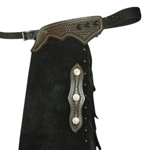 Premium Handmade Black suede Leather Chinks – Western Rodeo Cowboy Chinks with Fringe  – Ranch Riding Gear