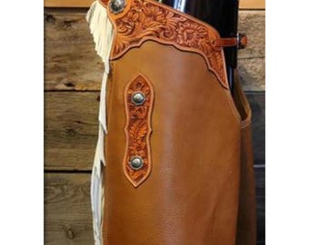 Hand-tooled Leather Chinks with Fringe – Western Cowboy Rodeo Chaps – Custom Handmade Ranch Riding Gear