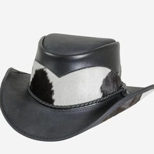 Black Leather Cowboy Hat with Cowhide – Western Steampunk Outback Hat – Handmade Rodeo Ranch Style Festival Hat for Men & Women