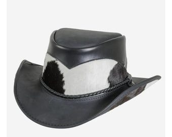 Cappello da cowboy in pelle nera fatto a mano con inserti in cuoio di mucca: stile western da rodeo