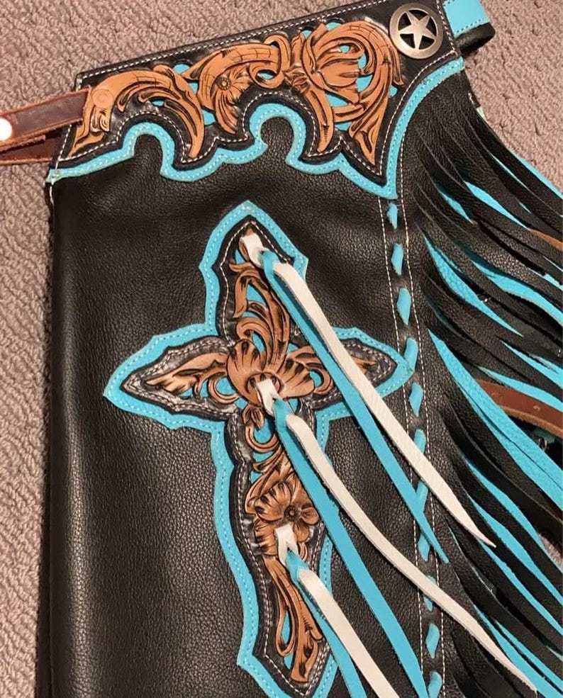 Hand-tooled Leather Rodeo Chaps | Custom Western Chaps | Fringe Bull ...