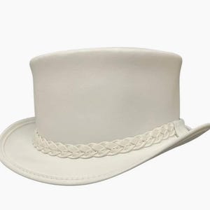 Witte leren cilinderhoed – Steampunk Gothic Mad Hatter-kostuumhoed – Victoriaanse formele geklede hoed voor mannen en vrouwen – Handgemaakt festivalaccessoire