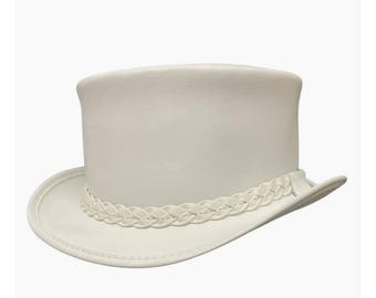 Handmade White Leather Top Hat: Steampunk Mad Hatter Costume