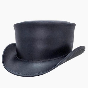 Zwarte leren cilinderhoed – Steampunk Gothic Mad Hatter-kostuumhoed – Victoriaanse formele geklede hoed voor heren en dames – Handgemaakt festivalaccessoire