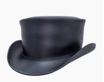 Handmade Black Leather Top Hat: Steampunk Gothic Mad Hatter Costume