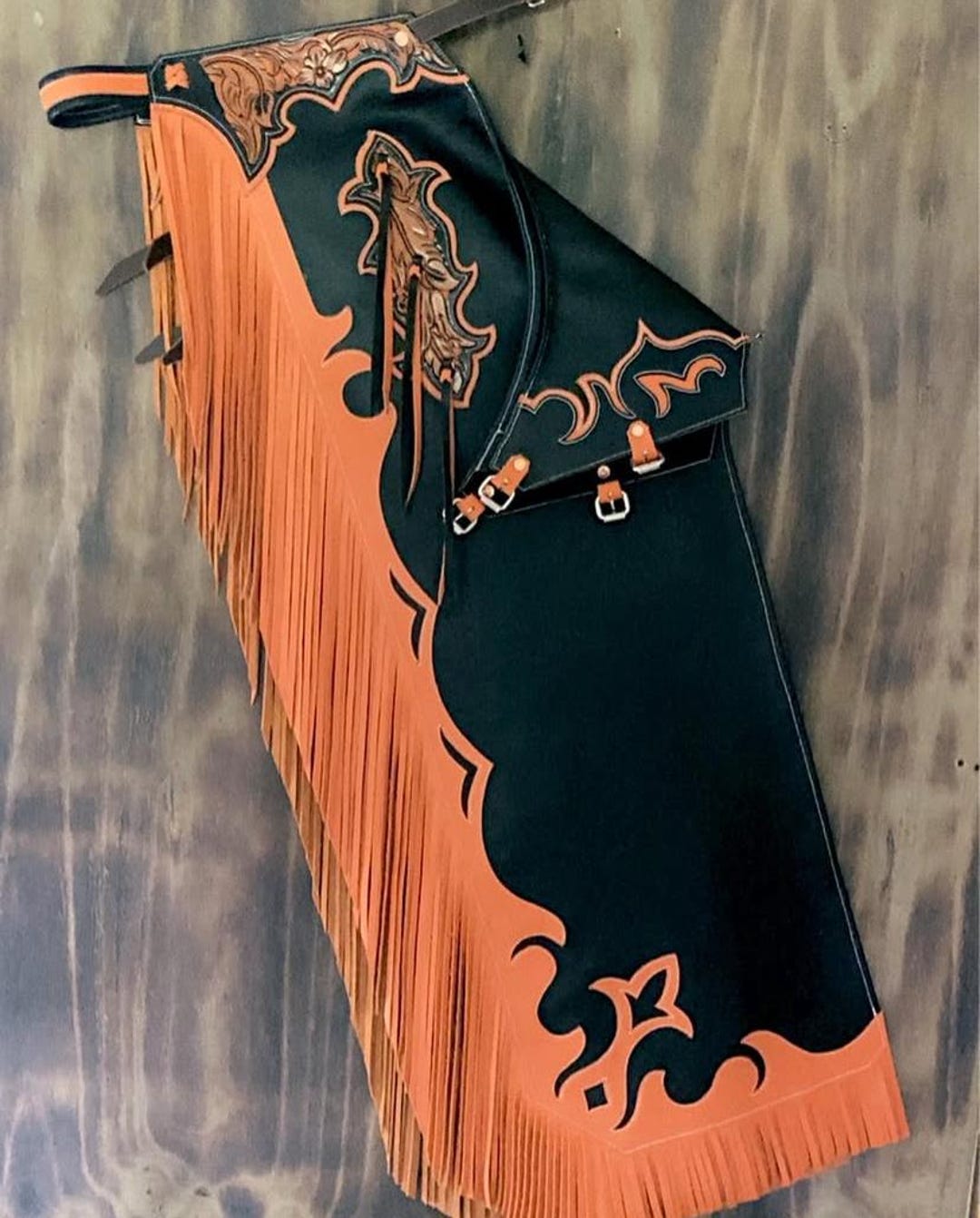 Hand-tooled Leather Rodeo Chaps | Custom Western Chaps | Fringe Bull ...
